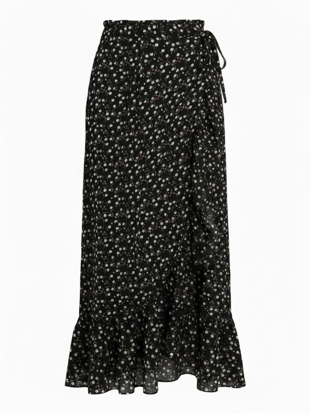 Max Studio Black Daisy-Print Wrap Maxi Skirt with Ruffle Hem